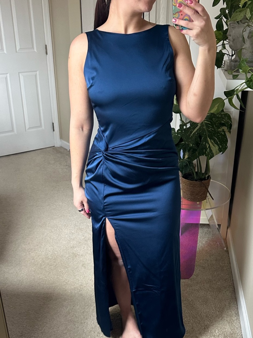 Abercrombie & Fitch Navy Satin Twist-Front Maxi Dress